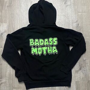 New Her little Wolves BADASS MOTHA Black Zip-Up Hoodie with Green Text